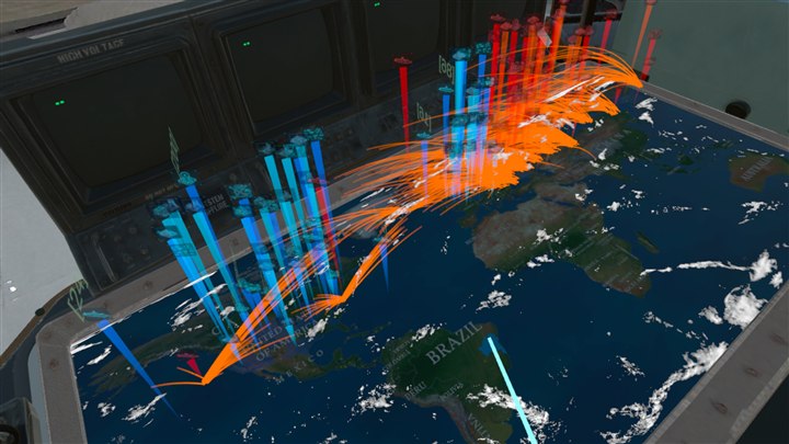 Opposing strategic missile trajectories over the globe in Mixed Reality