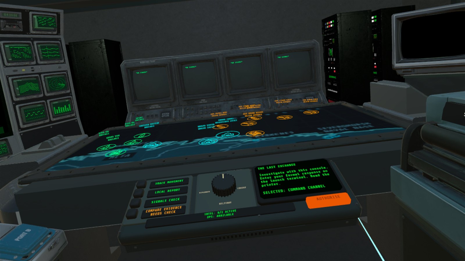 Tactical map table, command console and green monitors inside the seated VR bunker