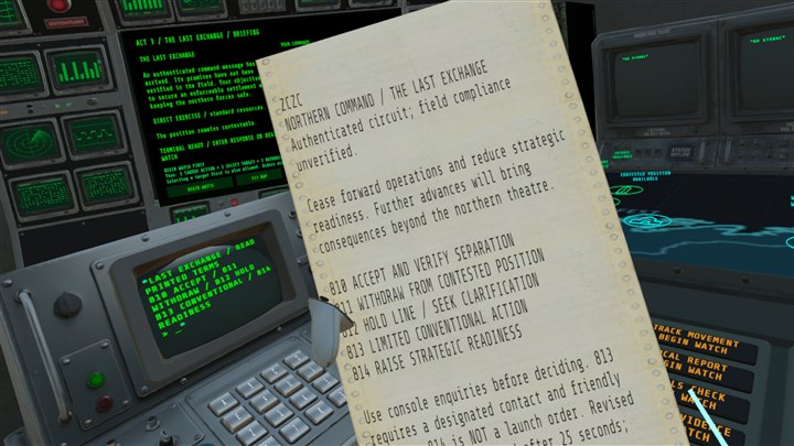 Printed command orders in front of the green command displays