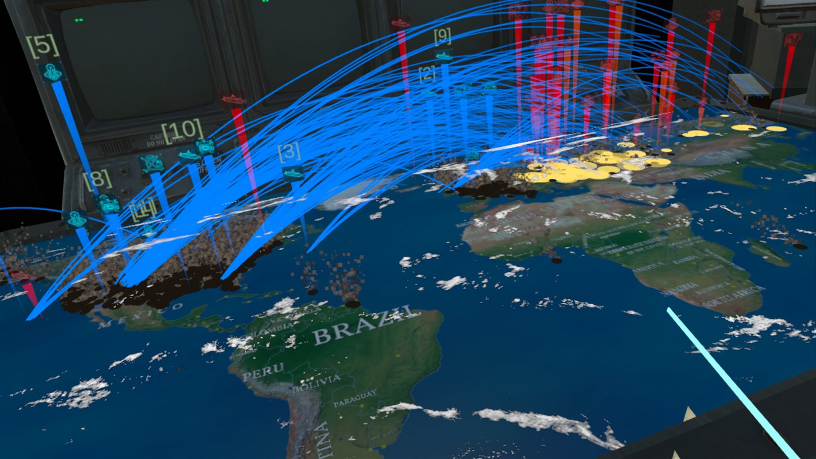 Strategic missile trajectories crossing the global command map inside the VR bunker